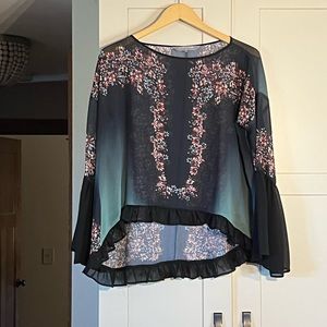 Clover Canyon green black floral top, longer in back, sheer (will need cami) XS